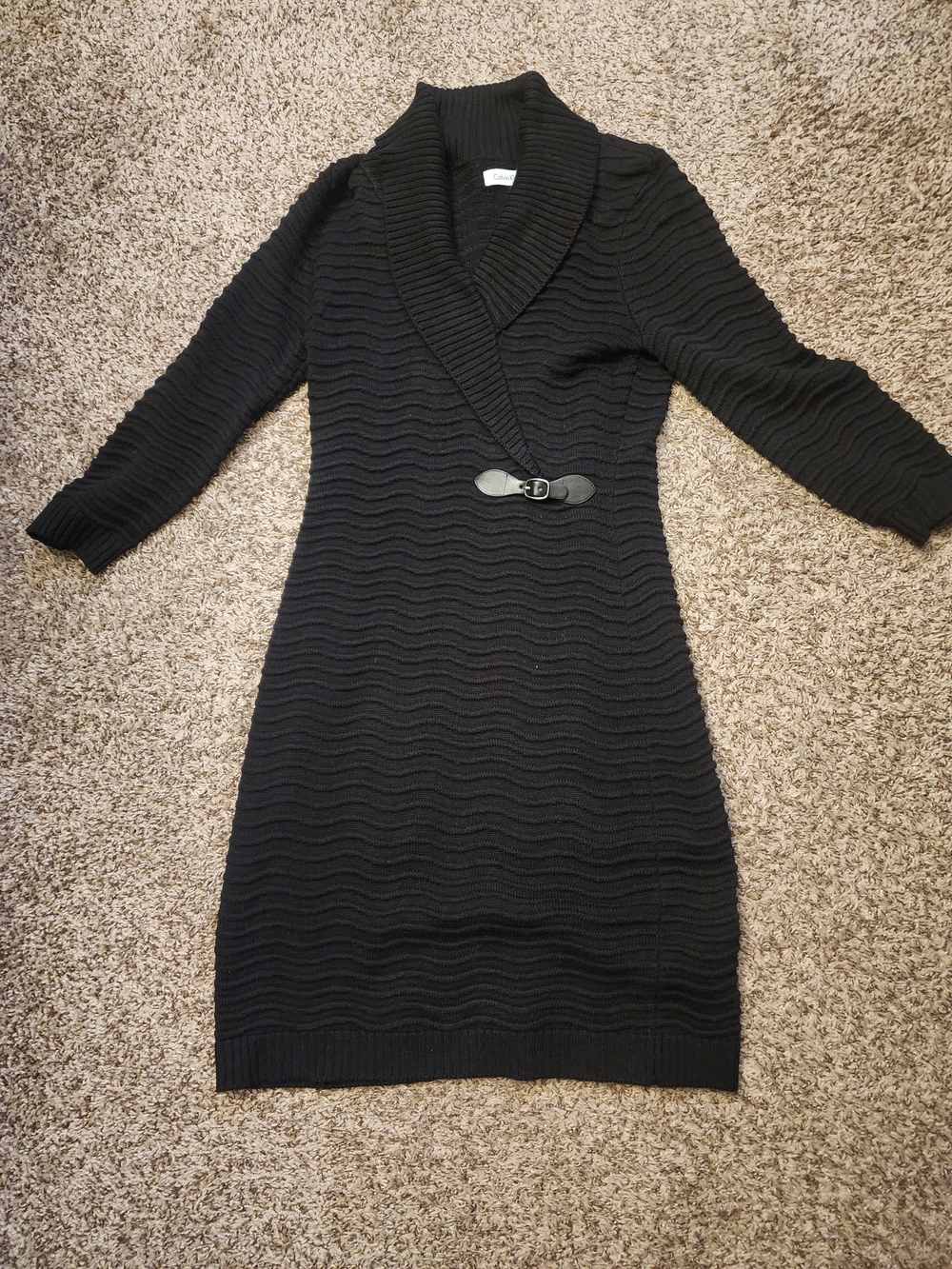 Calvin Klein Black Ribbed Shawl-Collar Sweater Dress with Buckle